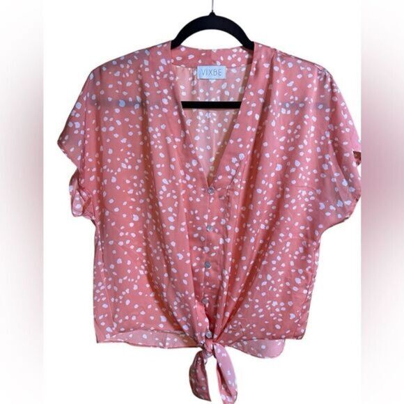 NWOT Vixbe Women’s Orange Polka Dot Short Sleeve V Neck Blouse - Size Medium - Picture 1 of 4